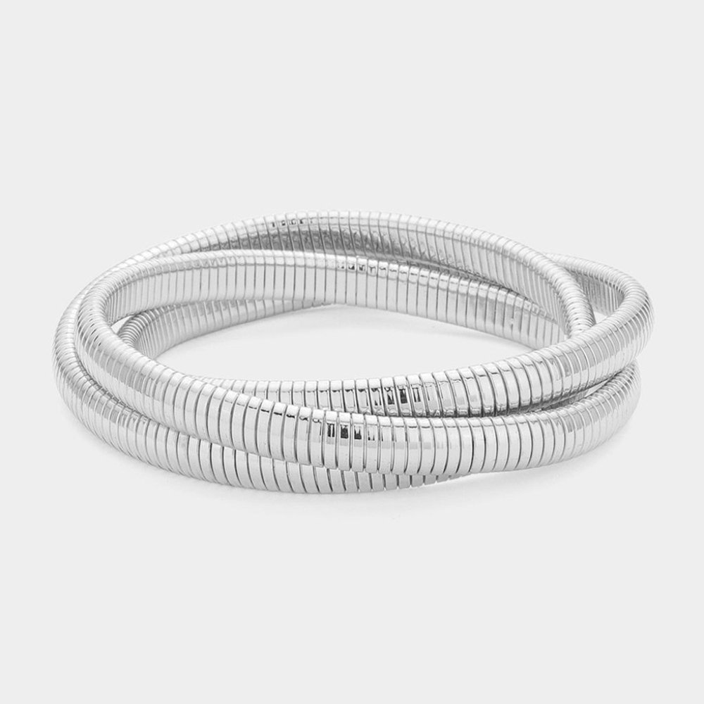 Triple Textured Metal Strand Bangle Bracelet Silver